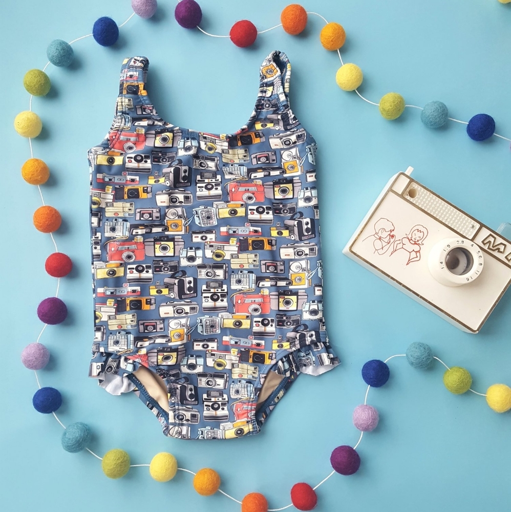 Red Dolly blue vintage camera print one piece swimsuit NEW